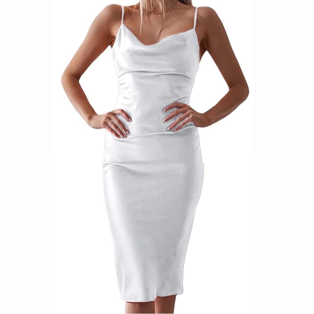 Satin spaghetti strap cocktail dress with split